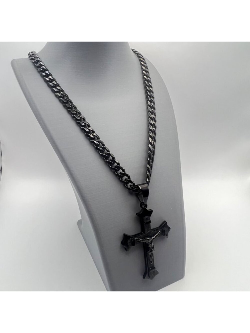Black Stainless Steel Gothic Crucifix Cross Pendant Necklace 29" Cuban Link 8mm